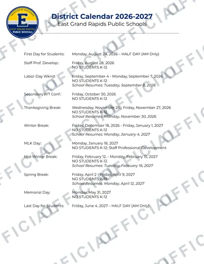 East Grand Rapids Public Schools 2026-27 calendar