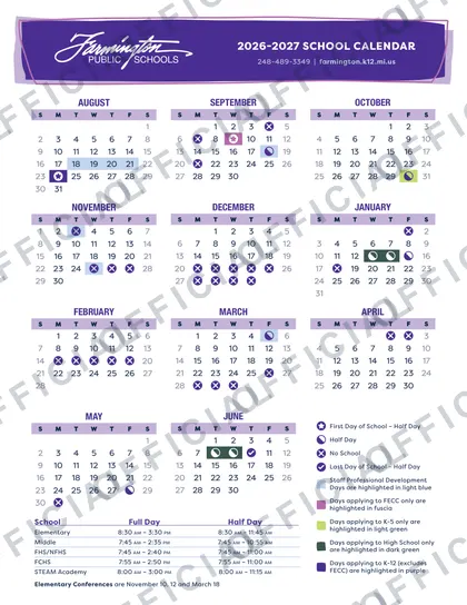 Farmington Public Schools 2026-27 calendar