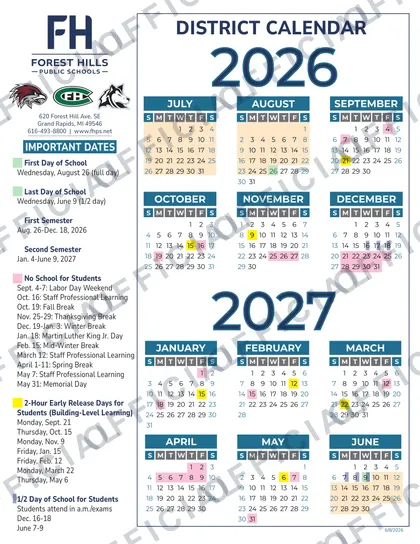 Forest Hills Public Schools 2026-27 calendar