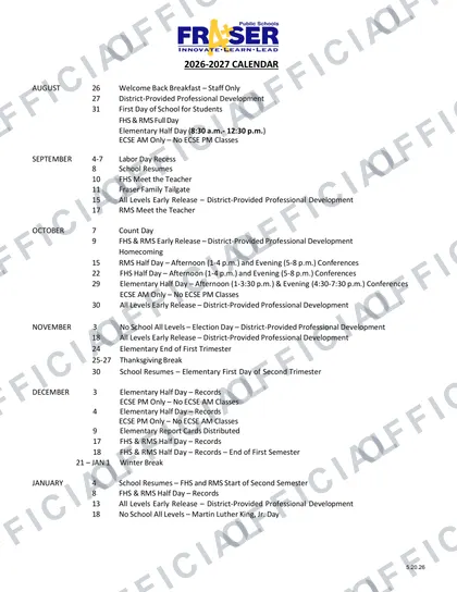 Fraser Public Schools 2026-27 calendar