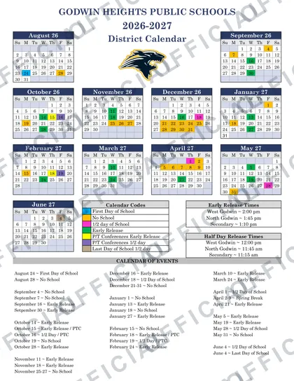 Godwin Heights Public Schools 2026-27 calendar