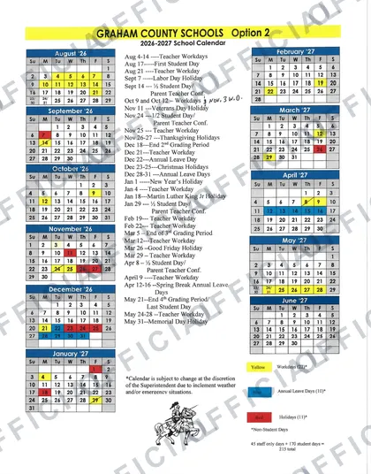 Graham County Schools Option 2 2026-27 calendar