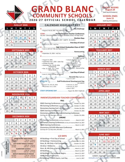 GRAND BLANC COMMUNITY SCHOOLS 2026-27 calendar
