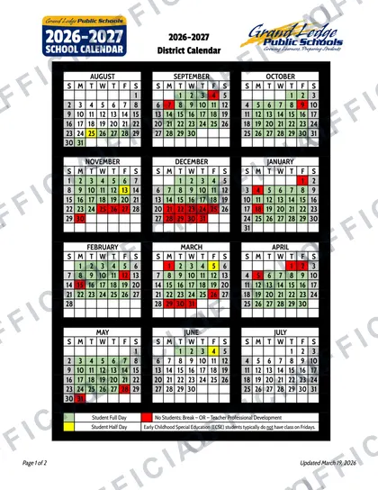 Grand Ledge Public Schools 2026-27 calendar