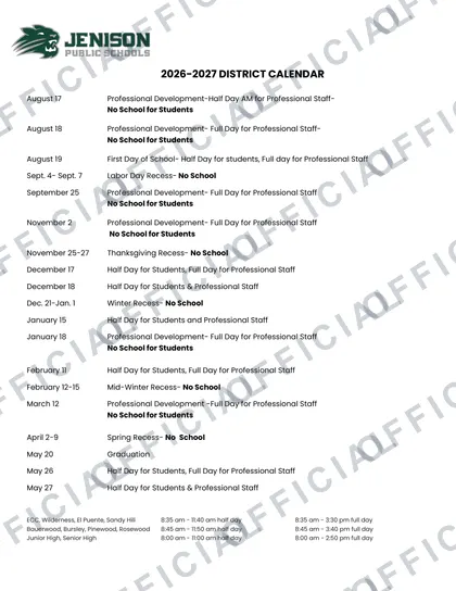 Jenison Public Schools 2026-27 calendar