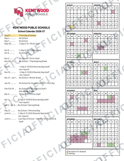 Kentwood Public Schools 2026-27 calendar