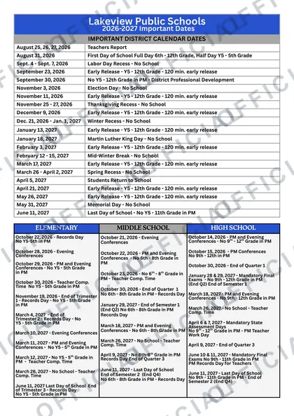 Lakeview Public Schools 2026-27 calendar