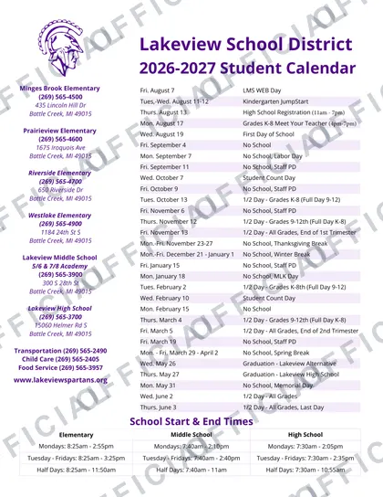 Lakeview School District 2026-27 calendar