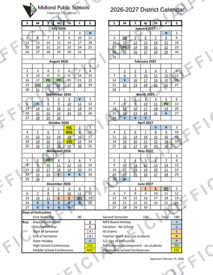 Midland Public Schools 2026-27 calendar