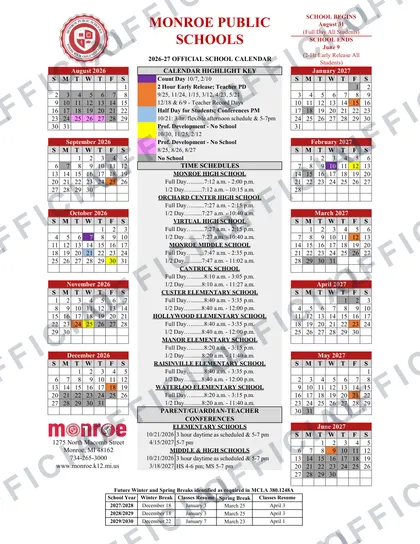 MONROE PUBLIC SCHOOLS 2026-27 calendar