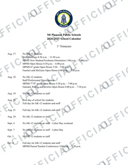 Mt Pleasant Public Schools 2026-27 calendar