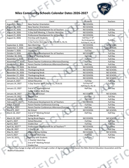 Niles Community Schools 2026-27 calendar