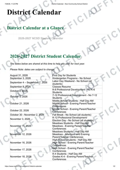 Novi Community School District 2026-27 calendar