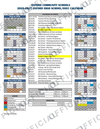 OXFORD COMMUNITY SCHOOLS 2026-27 calendar