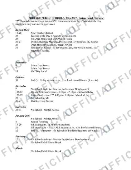 PORTAGE PUBLIC SCHOOLS 2026-27 calendar