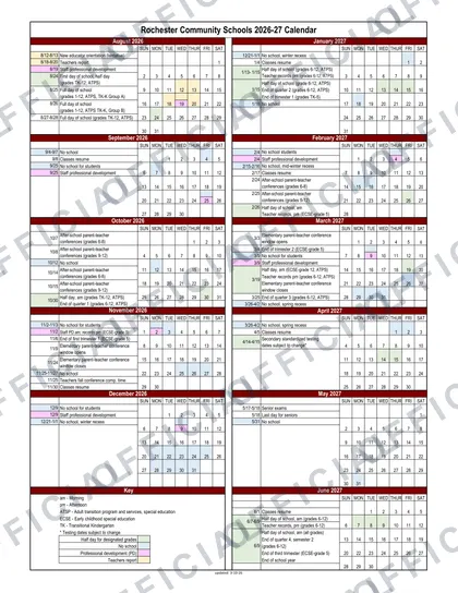 Rochester Community Schools 2026-27 calendar