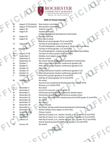 Rochester Community Schools 2026-27 calendar
