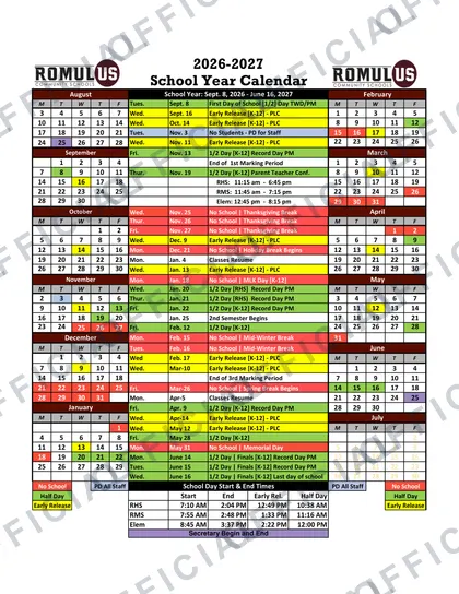 Romulus Community Schools 2026-27 calendar