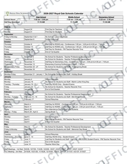 Royal Oak Schools 2026-27 calendar