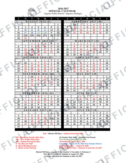 Saginaw Public Schools 2026-27 calendar