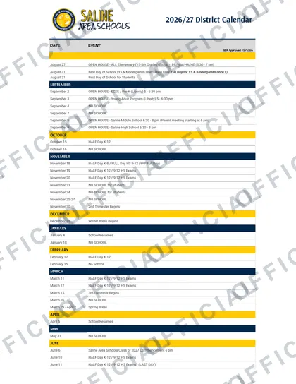 Saline Area Schools 2026-27 calendar