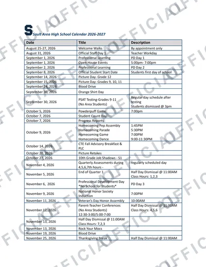 Sault Area High School 2026-27 calendar