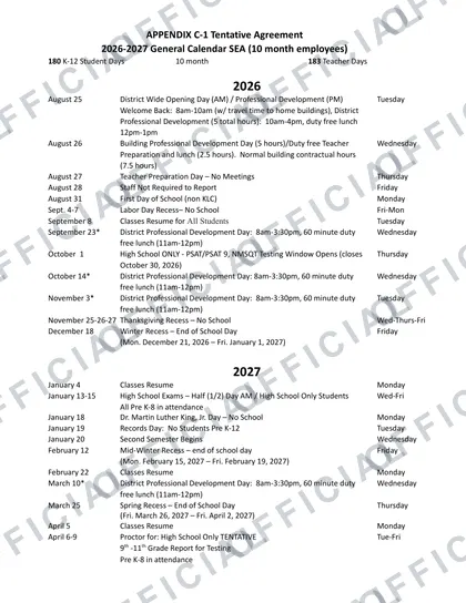 SEA 2026-27 calendar
