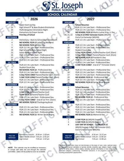St. Joseph Public Schools 2026-27 calendar