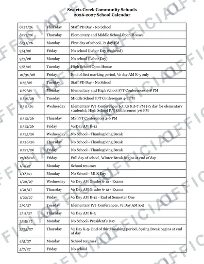 Swartz Creek Community Schools 2026-27 calendar