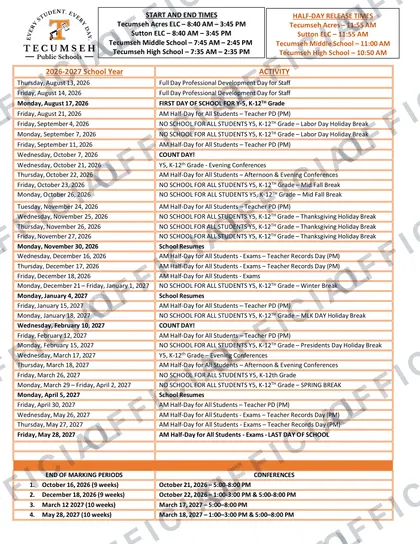 Tecumseh Public Schools 2026-27 calendar