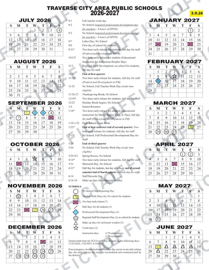 Traverse City Area Public Schools 2026-27 calendar