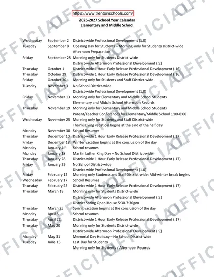 Trenton Public Schools 2026-27 calendar