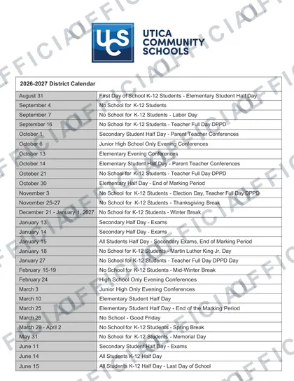 Utica Community Schools 2026-27 calendar