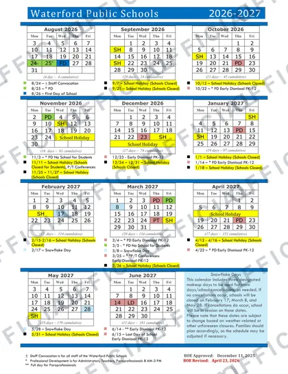 Waterford Public Schools 2026-27 calendar