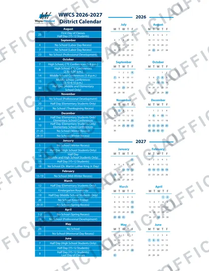 Wayne-Westland Community Schools 2026-27 calendar