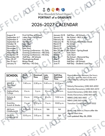 West Bloomfield School District 2026-27 calendar