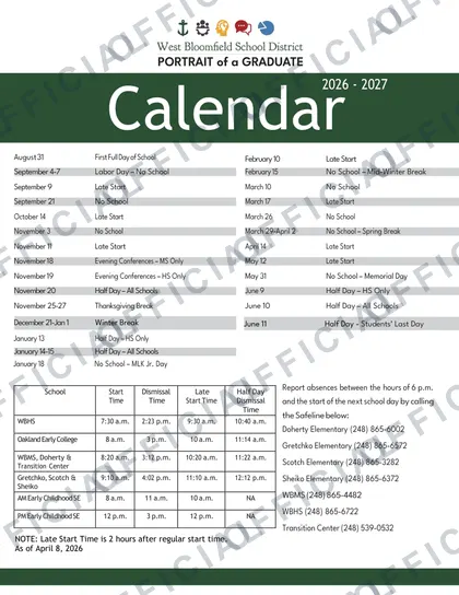 West Bloomfield School District 2026-27 calendar