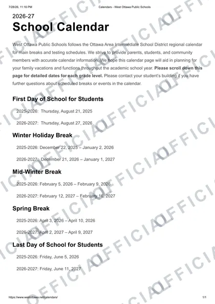 West Ottawa Public Schools 25-26 2026-27 calendar