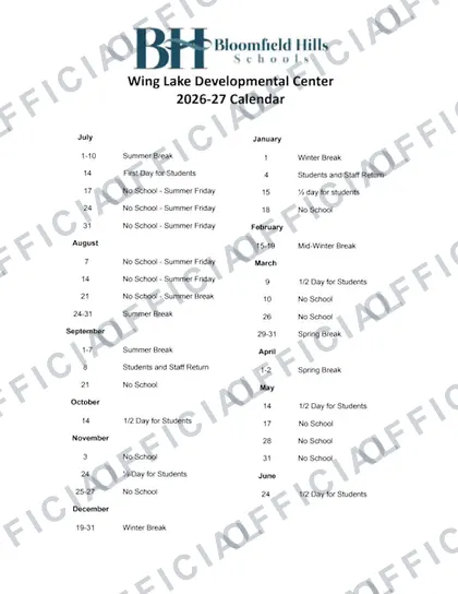 Wing Lake Developmental Center 2026-27 calendar