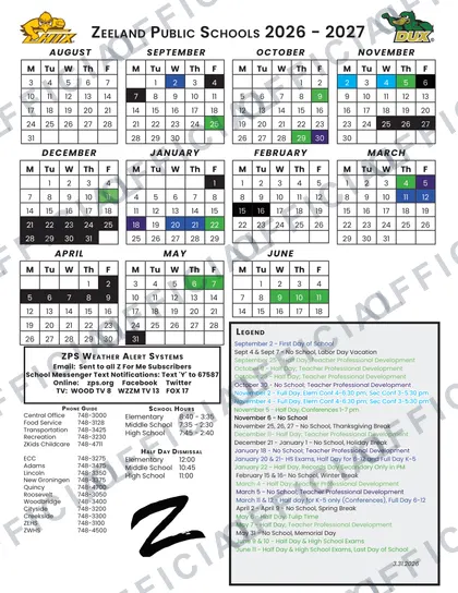 Zeeland Public Schools 2026-27 calendar