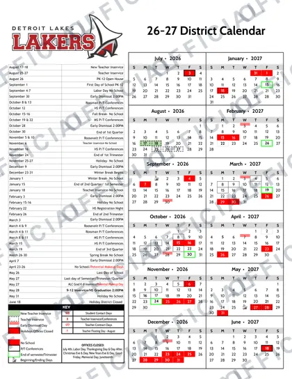 Detroit Lakes Public Schools 2026-27 calendar