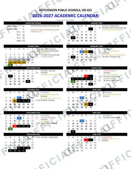 Hutchinson Public Schools, ISD 423 2026-27 calendar