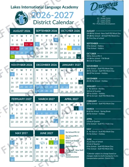 Lakes International Language Academy 2026-27 calendar