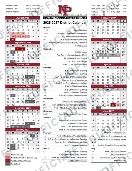 New Prague Area Schools 2026-27 calendar