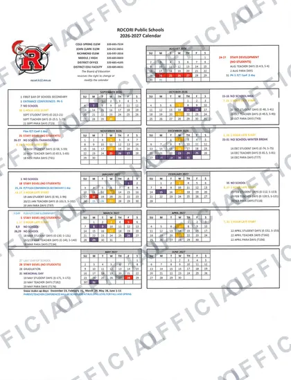 ROCORI Public Schools 2026-27 calendar