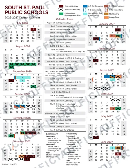 South St. Paul Public Schools 2026-27 calendar