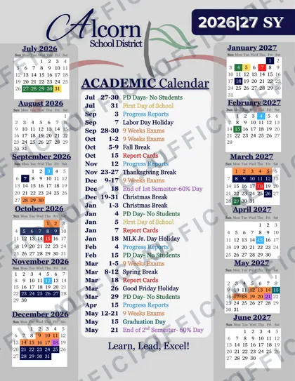 Alcorn School District 2026-27 calendar