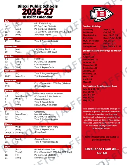Biloxi Public Schools 2026-27 calendar