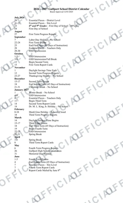 Gulfport School District 2026-27 calendar