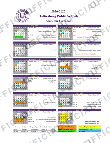 Hattiesburg Public Schools 2026-27 calendar